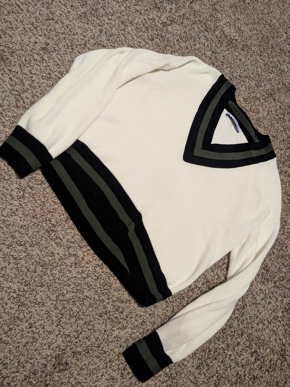 Mango Cream V-Neck Sweater with Black & Olive Stripe Trim